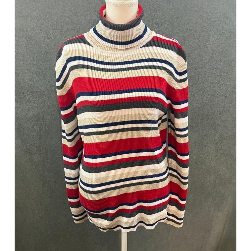 Liz Claiborne Turtleneck Sweater Metallic Striped Ribbed Knit Gold Red Navy L